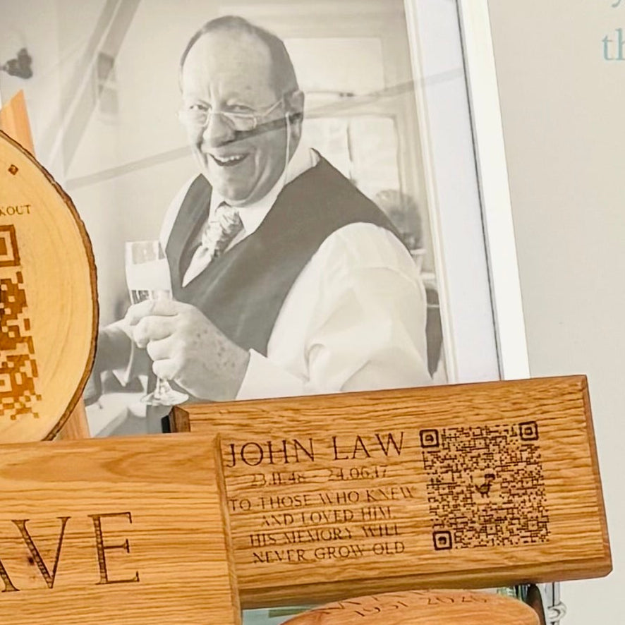 Oak remembrance plaque, European oak laser engraved with a name, dates and optional QR code, for a grave,, in natural light